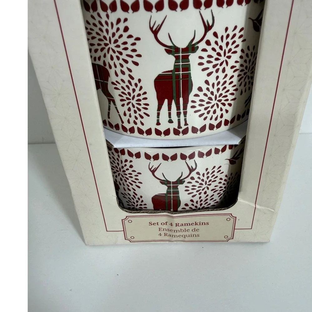 The Bakeshop by Masterclass Reindeer Ramekins Set of 4 Christmas Plaid Holiday